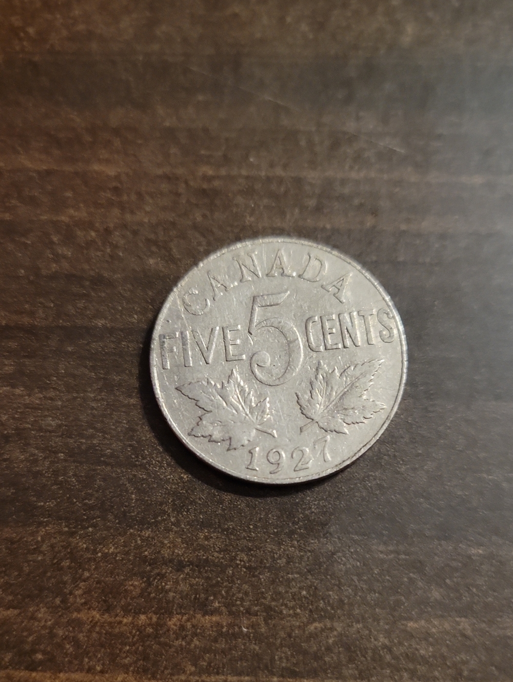 Vintage 1927 Canadian Five Cents Coin - Silver Tone